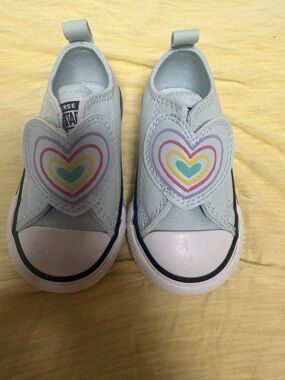 Converse Kids Light Blue Slip-On Sneakers with Rainbow Heart Patch